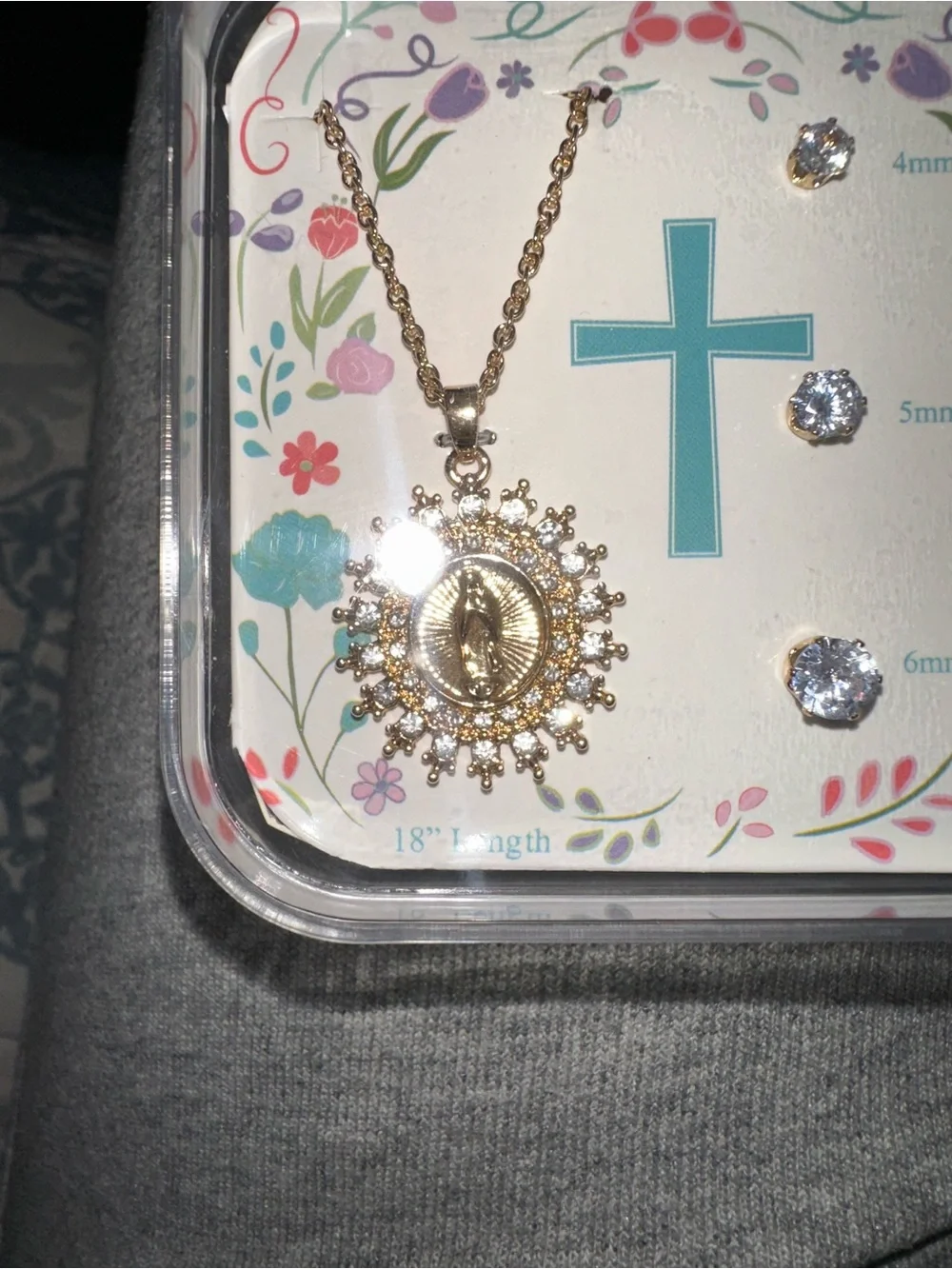 Sunburst Praying Hands Pendant Necklace & CZ Stud Set — Gold Tone, 18